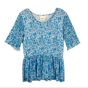 Anthro Maeve blue white floral smocked net top